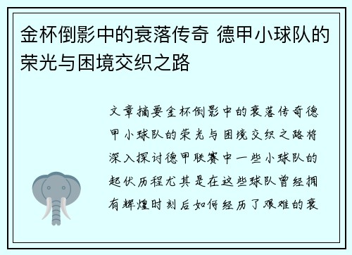 金杯倒影中的衰落传奇 德甲小球队的荣光与困境交织之路