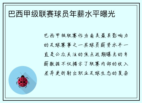 巴西甲级联赛球员年薪水平曝光
